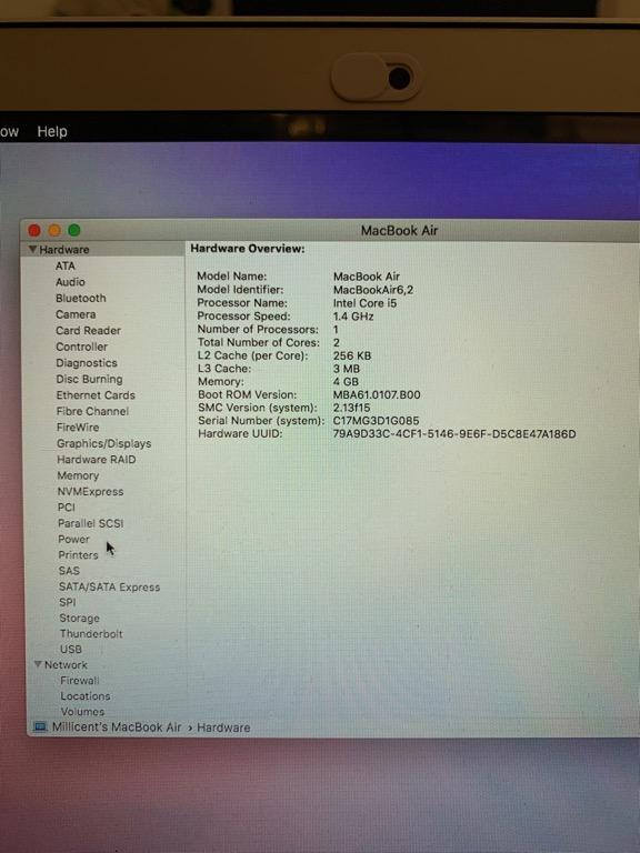 Macbook Air 13” Early 2014 (Category: Laptops & Notebooks) located in Manila. Submitted by millicentsofia (Listing ID 1144265489, Image 3). Description: FOR SALE! Macbook Air 13” Early 2014 With dent (see pic) No hidden issue Actual picture posted Technical Specifications: ▪️1.4Ghz Intel Core i5 ▪️4GB 1600 Mhz DDr3 ▪️128GB SSD ▪️Intel HD Graphics 500 1536 ▪️macOS High Sierra MB Features: ▪️13inch ▪️Built-in Camera ▪️Built-in WiFi ▪️Built-in Bluet