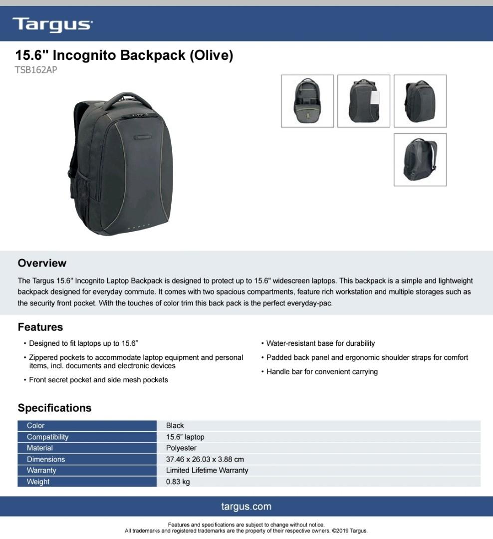 Targus 15.6" Incognito Backpack, Computers & Tech, Parts & Accessories