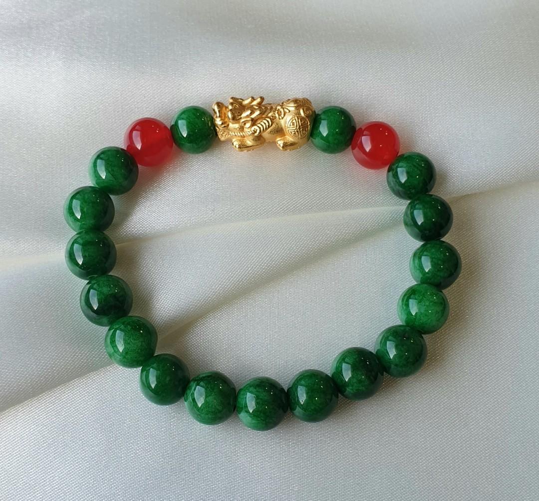 805 Emerald Jade Green Iron Dragon and Red Agate with S999 Silver