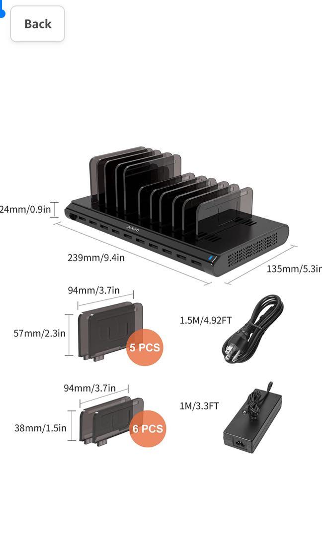 Alxum iPad Charging Station, 108W 10 Port Phone Docking Station  Organizer  with Adjustable Dividers and Smart IC, Multi Devices USB Charger Dock for  iPhone, Samsung Galaxy, Cell Phone, Apple, Tablet, Mobile