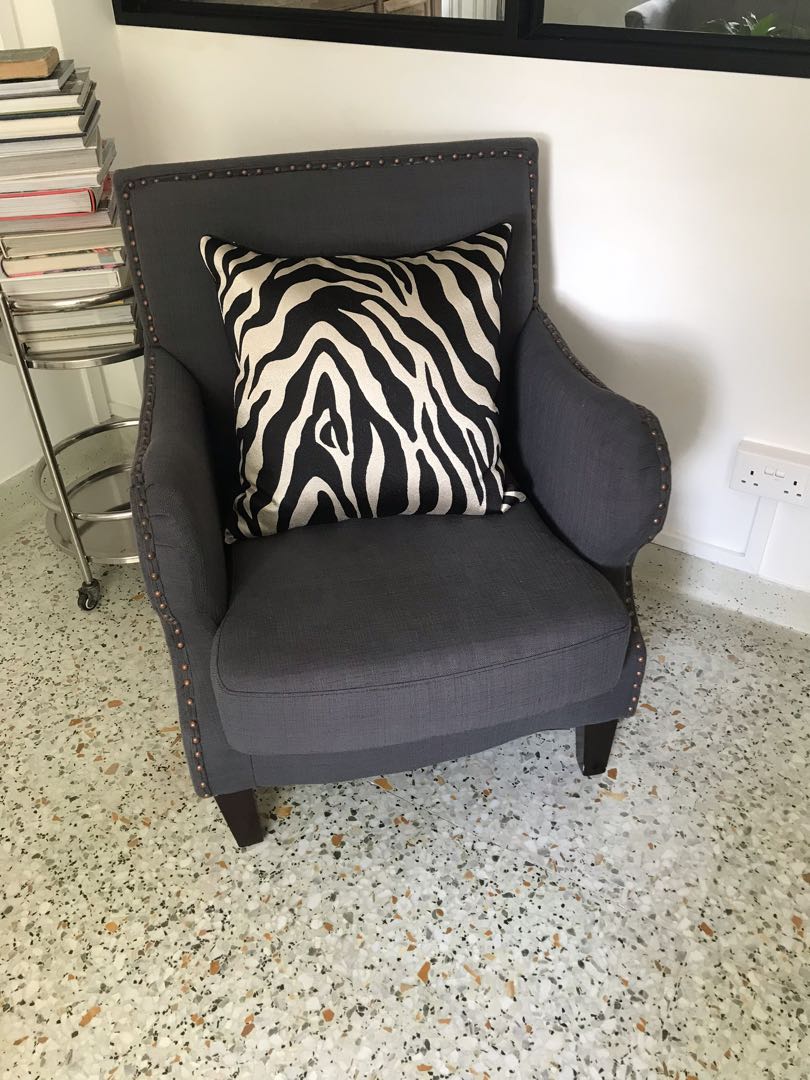 Armchair Grey Studded Linen Look, Furniture & Home Living, Furniture