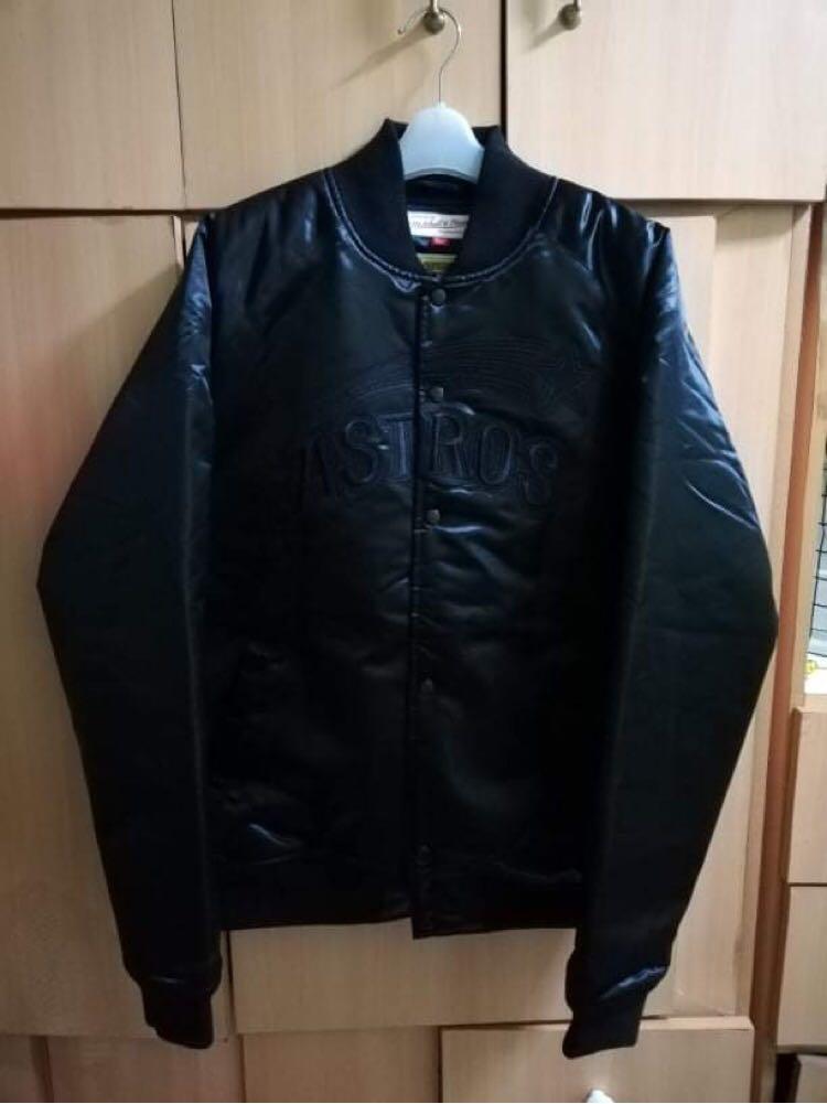 Astros by Mitchell Ness jet black varsity satin jacket Men s