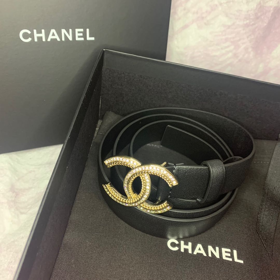 Chanel Women Calfskin Gold-Tone Metal & Strass Belt Black - LULUX