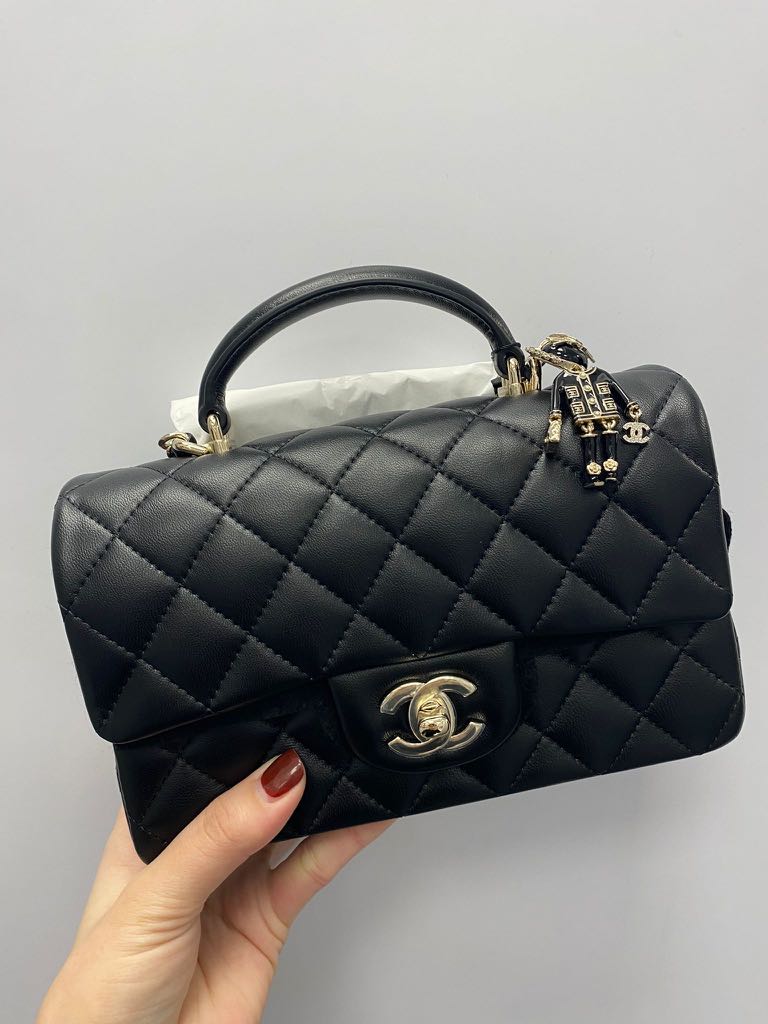 Flap bag with top handle, Lambskin & gold-tone metal, black