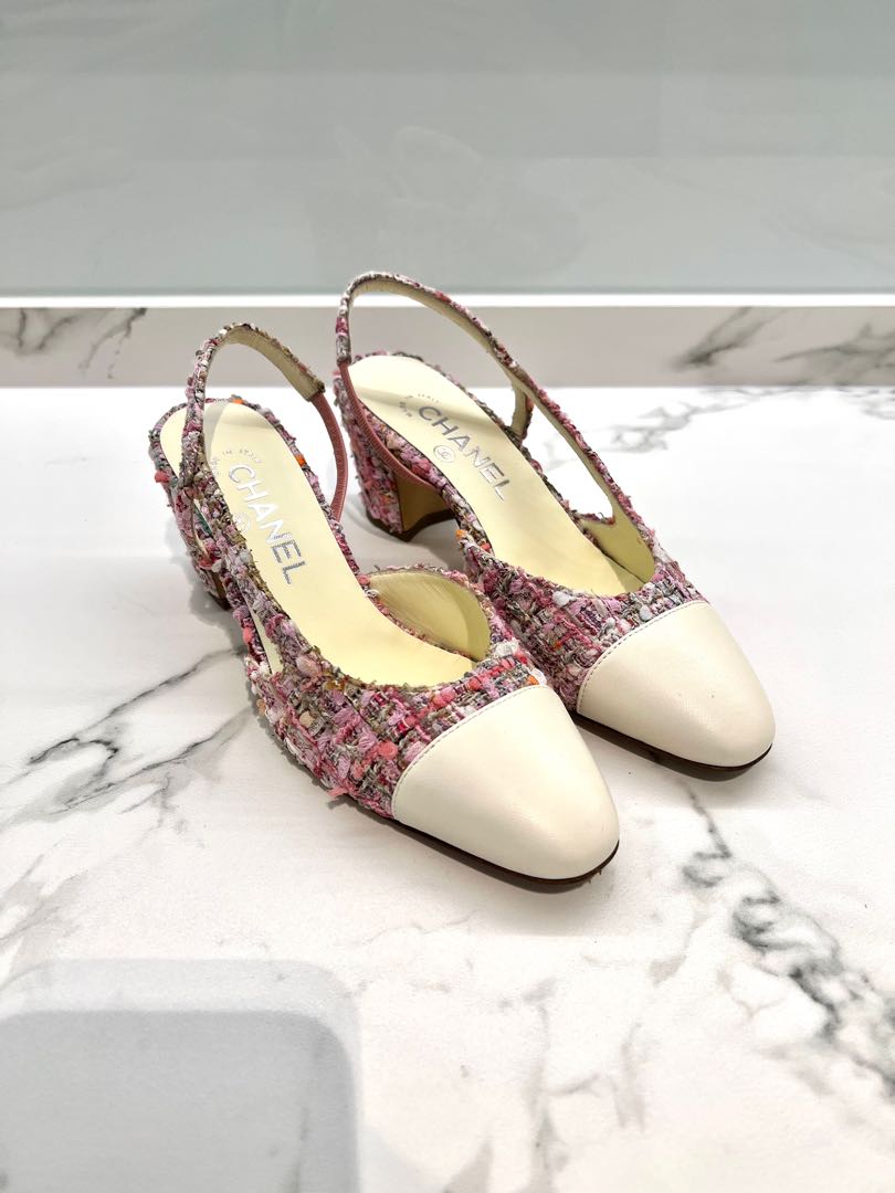 Chanel Slingback Heels in Tweed Pink, Women's Fashion, Footwear