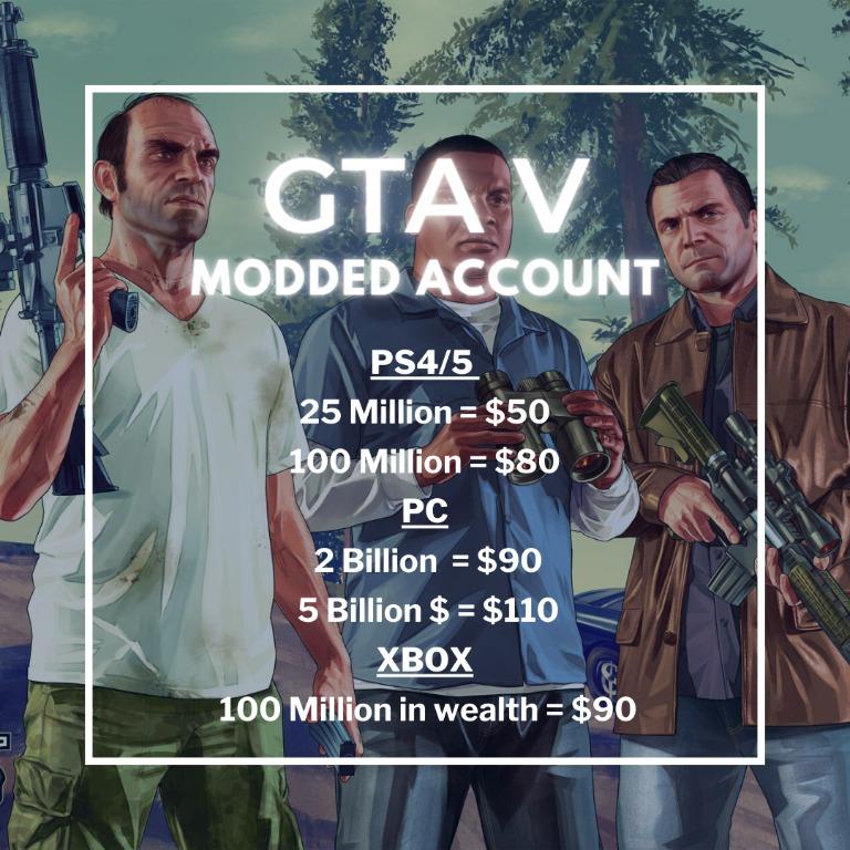 Grand Theft Auto 5 Modded Accounts PS XBOX PC 100M 2B In cash