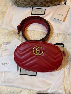 Gucci GG Marmont 紅色 牛皮 復古金 GG logo 腰包