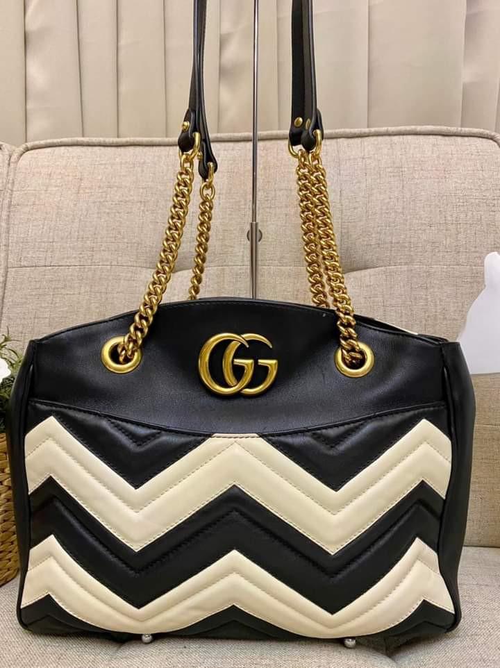 Gucci Marmont Medium Tote Black and White Magnetic Closure Antique GHW