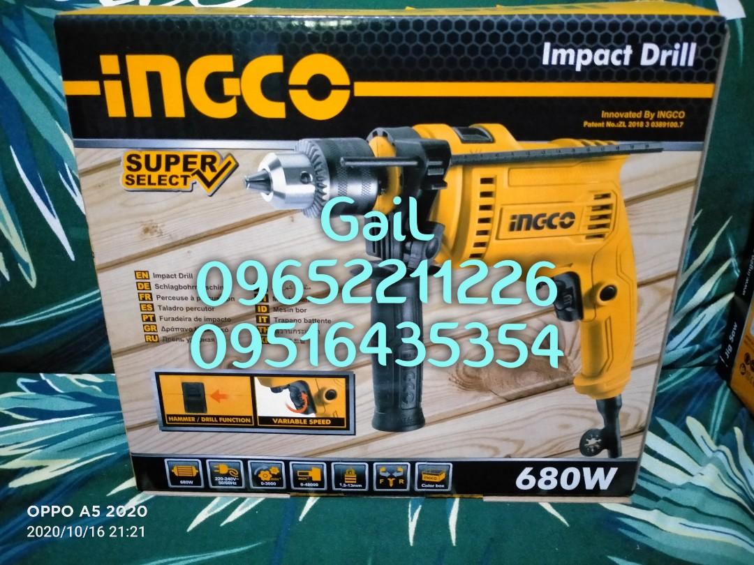 INGCO 13mm, 680W Impact Drill (Category: Construction Tools & Equipment) located in Caloocan City. Submitted by abieghail (Listing ID 1144471585, Image 1). Description: INGCO Impact Drill 680watts ID68016P - Super Select Model : ID68016P Voltage : 220-240V~50/60Hz Input Power : 680W No-load Speed : 0-3000rpm Max.Drilling Capacity : 13mm With Variable speed Forward/Reverse switch Available for store pick-up / delivery nationwide! Contact us for fa