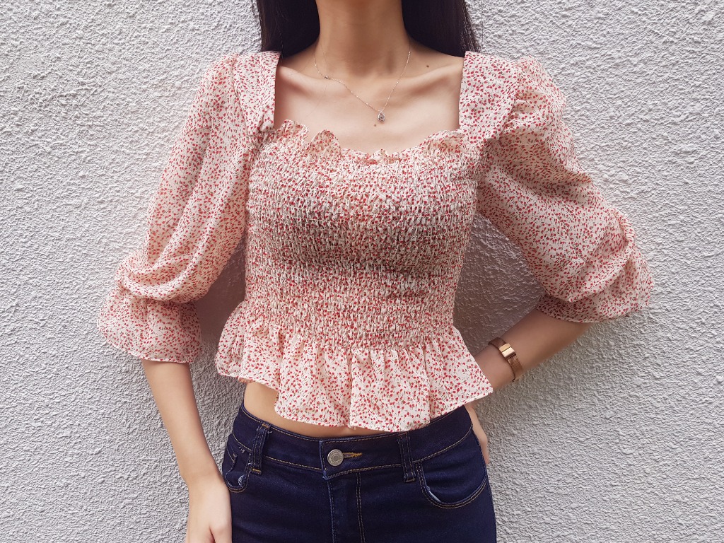 Korean Clothes Women Crop Top 2026.Flower korean chiffon square neck crop top sweet flower cute, Women's ...