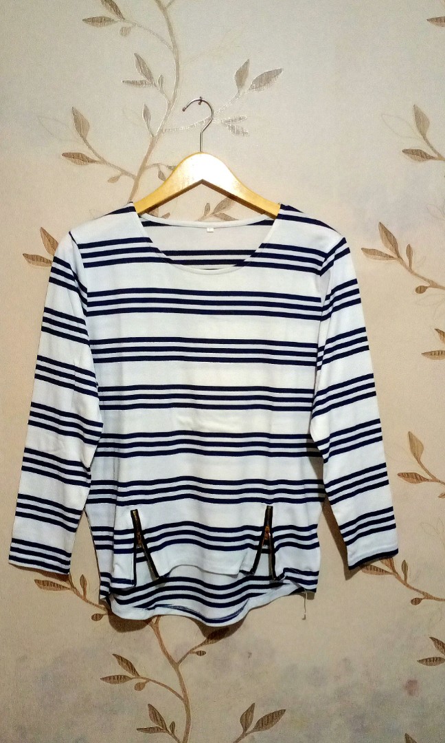 Long Sleeve Top Navy White, Fesyen 