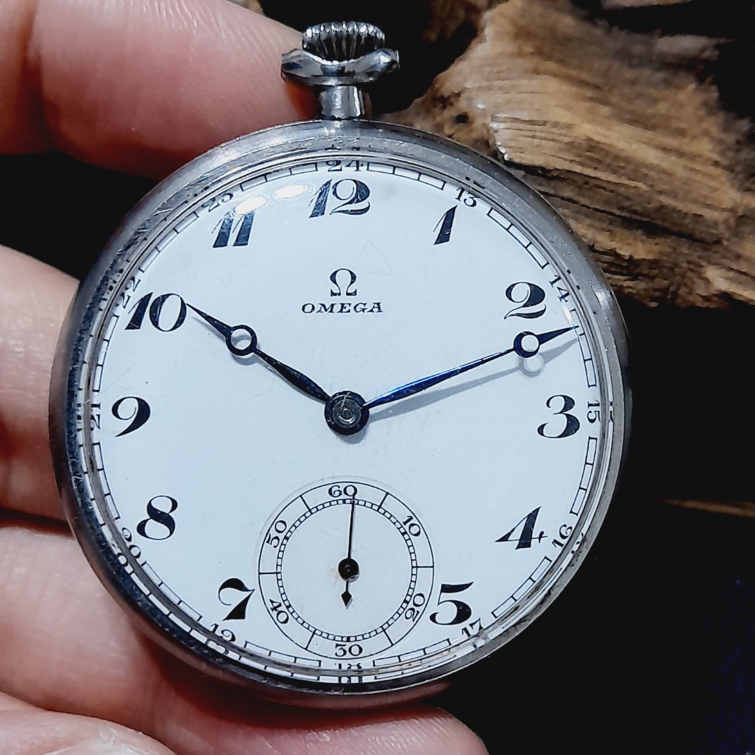 Omega pocket watch SS 42mm porcelain dial lost crown ring time keeping good Swiss vintage, Men's