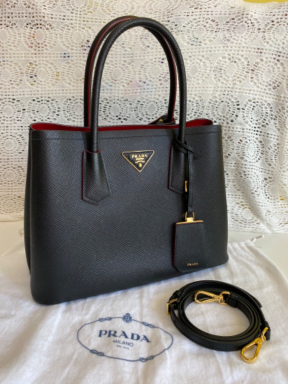 Prada, Bags, Prada Large Saffiano Leather Double Prada Bag Blackfiery Red