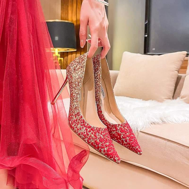 Red gold high heels Women s Fashion Footwear Heels on Carousell