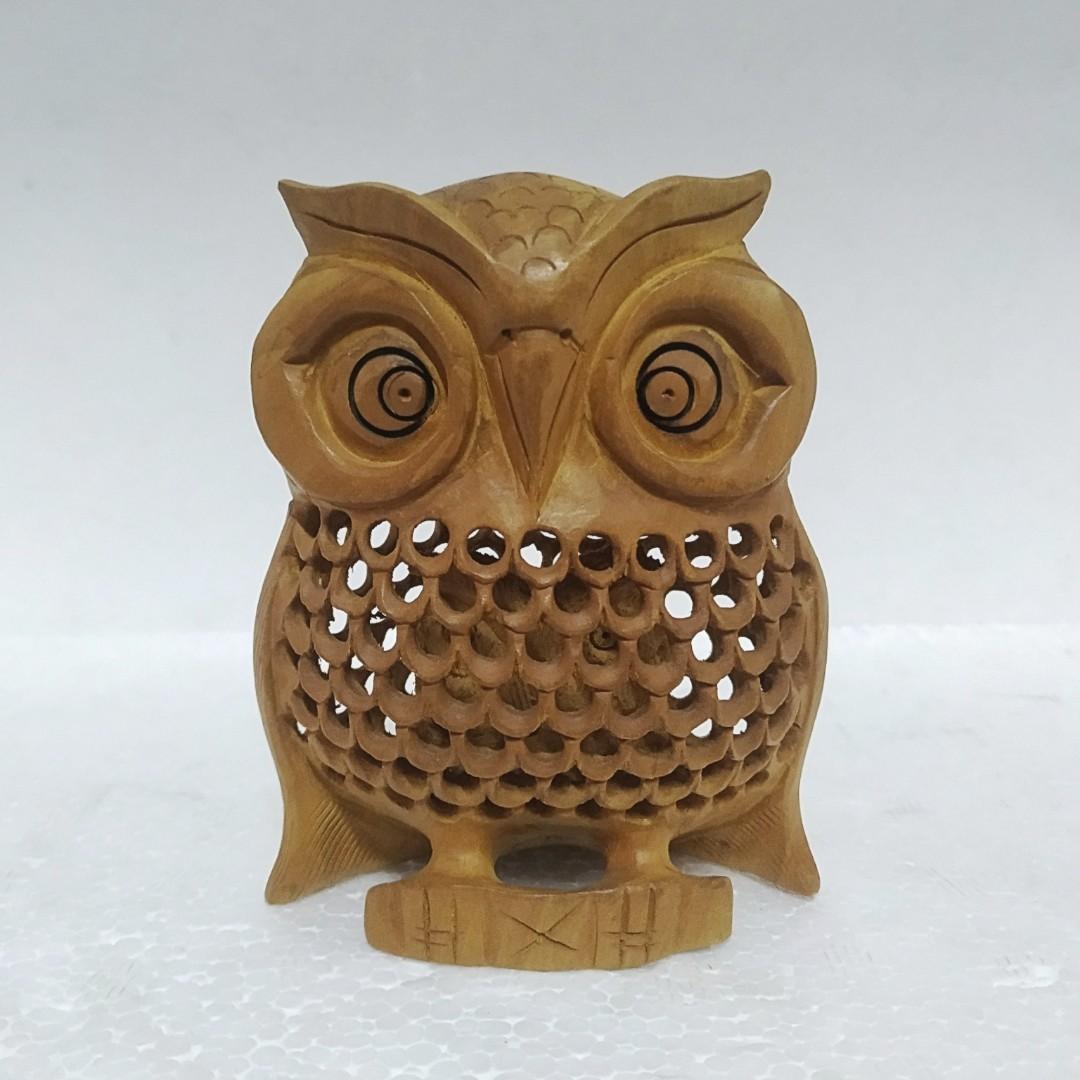 Wood Carved 4 Owls Set Net Pattern Owlet Inside Bird Gift Handmade 