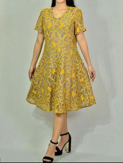 LACE DRESS Yellow Floral Midi with Grey lining