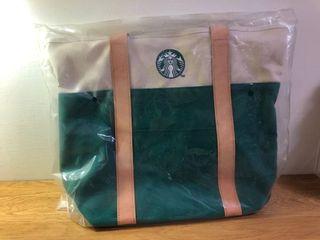星巴克 STARBUCKS 帆布托特包 綠底 淺色皮革手把