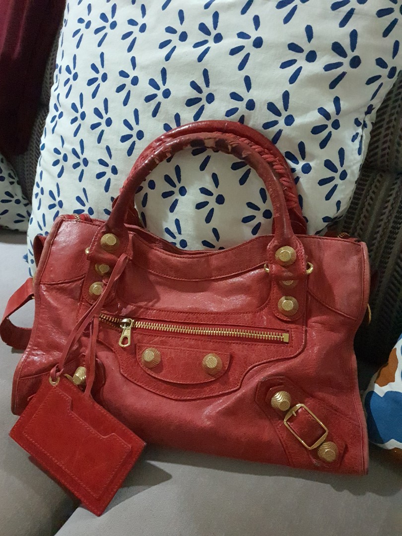 Balenciaga City Bag Red with Gold Studs Women s Fashion Bags