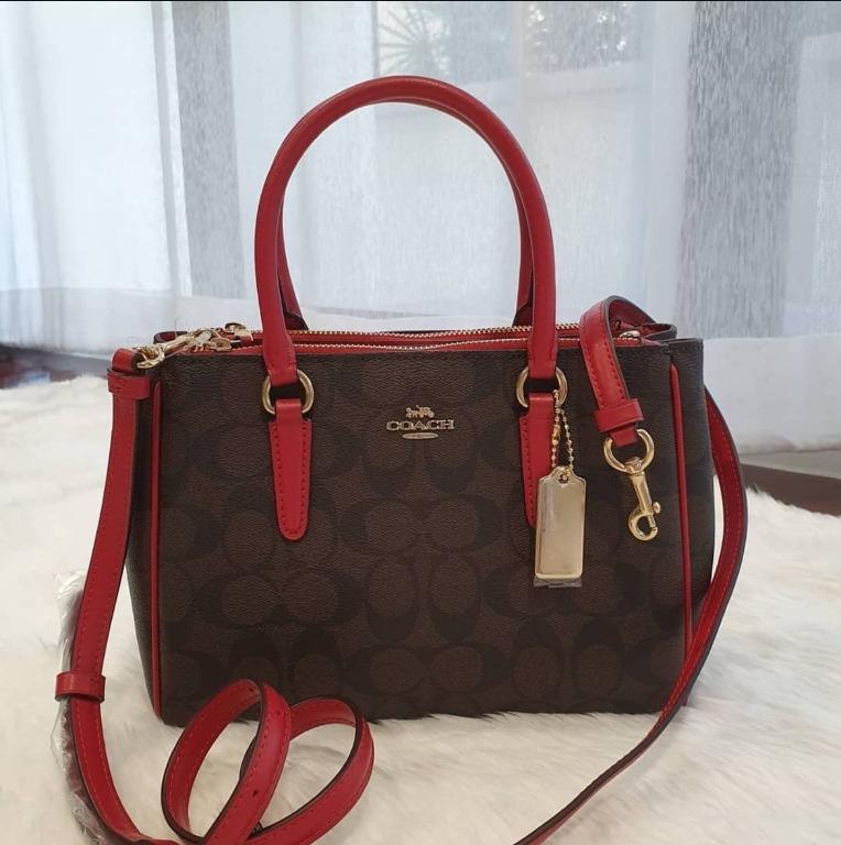 Coach Mini Surrey Carryall Satchel Crossbody Bag In Signature Canvas F67027 Brown Red Women s Fashion Bags Wallets Shoulder Bags on Carousell