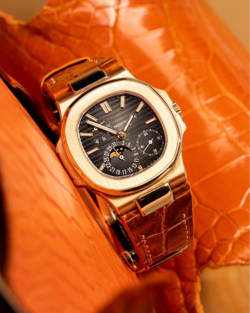 Handmade Handstitched Watch Strap In Orange Himalayan Crocodile Leather For Client s Patek Philippe Nautilus 5712R Watch