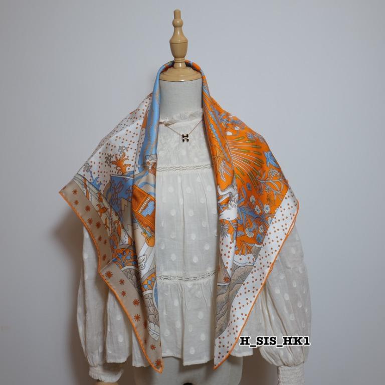Hermes Silk Scarf 90 Le Premier Chant Orange/ Blanc/ Blue Ciel