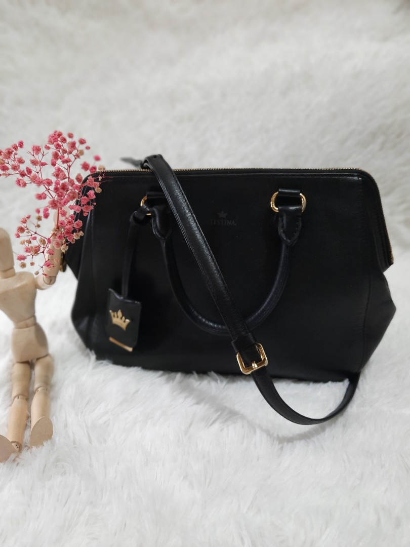 PB002 J.ESTINA 2 way stand alone bag black and gold, Women's Fashion