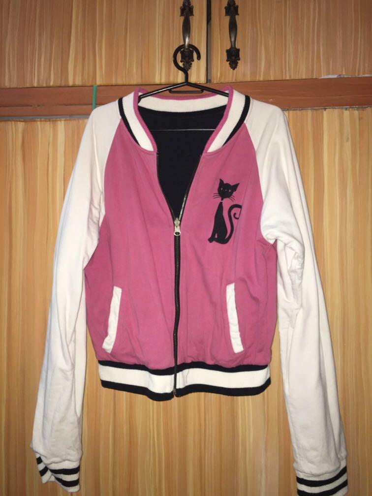 Pink Feline Reversible Black Letterman Sporty Varsity Jacket