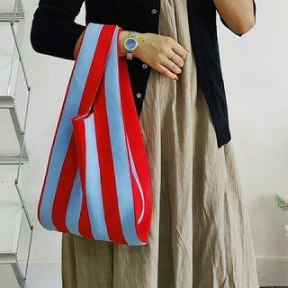 red and baby blue knit bag