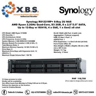 Synology RS1221RP+ 8-Bay 2U NAS AMD Ryzen 2.2GHz Quad-Core, D3 2GB, 8 x 2.5"/3.5" SATA, Up to 12-Bay w/ RX418, 4 x GbE, 1 x Gen2 x8 slot