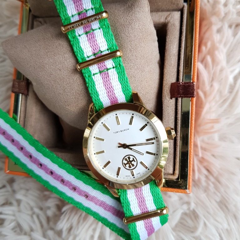Tory Burch Grosgrain Strap Collins Watch 38mm Green White