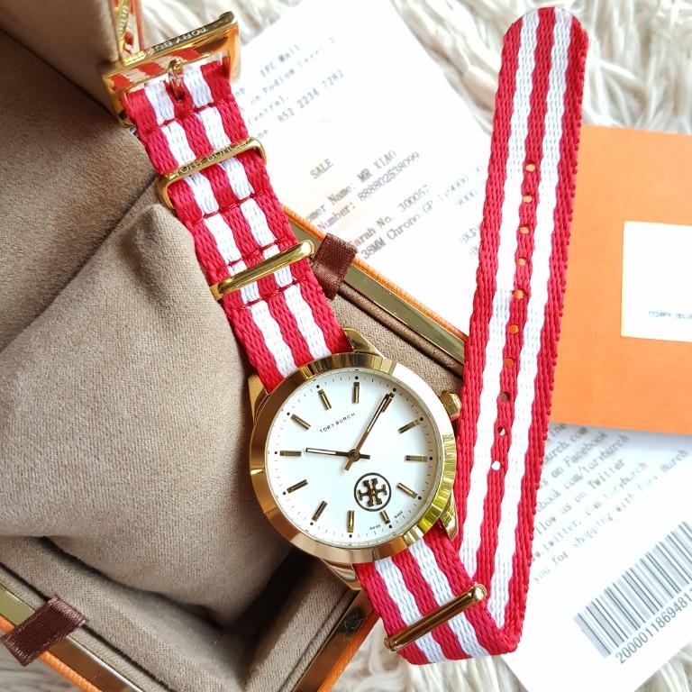 Tory Burch Grosgrain Strap Collins Watch 38mm Red White Women S Fashion Watches Accessories Watches On Carousell