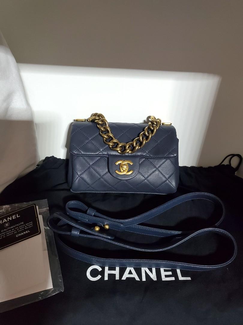✓Authentic CHANEL Quilted Mini Trapezio Navy Blue Flap Bag GHW