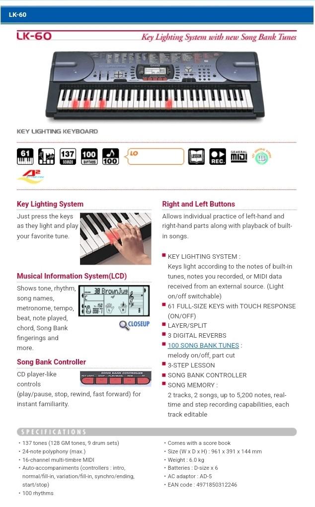 Casio LK60 Keyboard, Hobbies & Toys, Music & Media, Musical