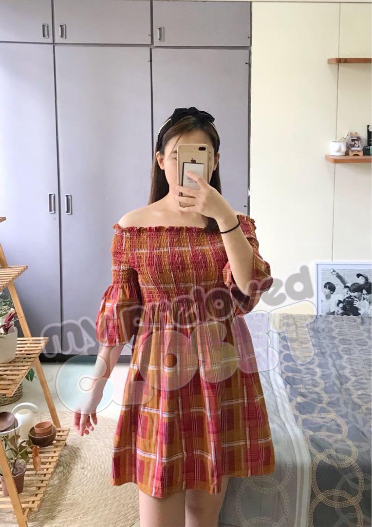 Checkered Off Shoulder Dress Women s Fashion Dresses Sets