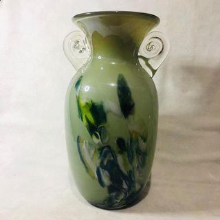 Delightful Peacock Colors in Apple Green Art Glass Vase