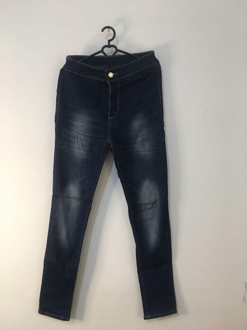 Jeans Highwaist Navy, Fesyen Wanita 