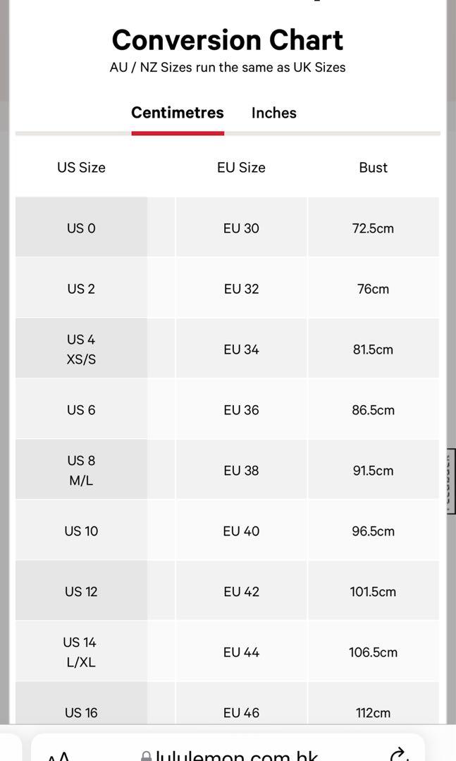 Lulu bra shop size chart
