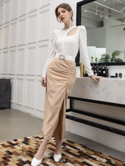 Solid Thigh Split Ruched Skirt, Women's Fashion, Bottoms, Skirts on ...
