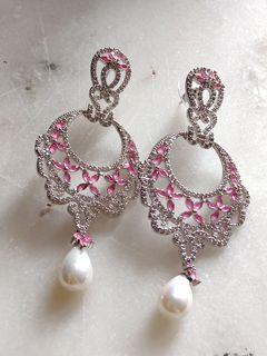 Victorian style pink diamond CZ stone and hi-grade faux Pearl white gold plated earrings