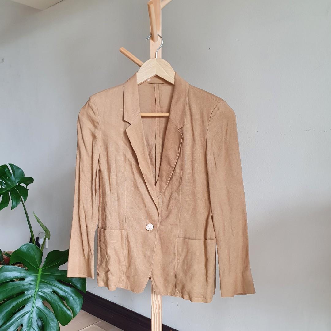 VINTAGE KHAKI LINEN JACKET CULLOTES SUIT SET, Women's Fashion, Tops