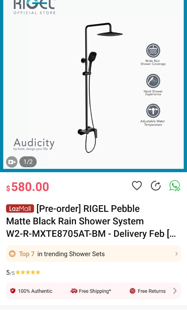 BNIB Rigel Rain shower Pebble series, Furniture & Home Living, Bathroom & Kitchen Fixtures on