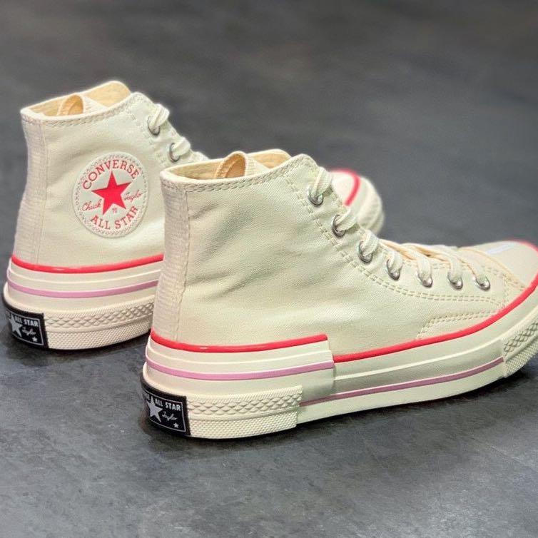 Converse Women's Popped Color Chuck 1970's Hi Egret/Carmine Pink-Lotus  Pink, Women's Fashion, Footwear, Sneakers on Carousell
