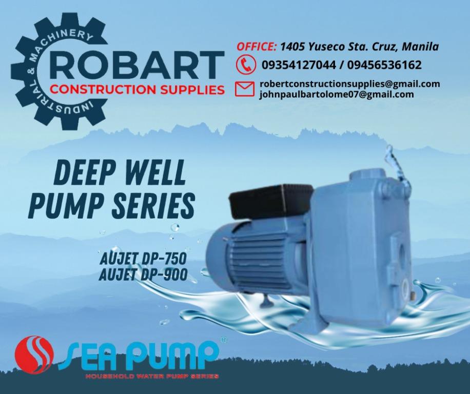 DEEP WELL PUMP SERIES (Category: Construction Tools & Equipment) located in Manila. Submitted by bellarobart (Listing ID 1144923584, Image 1). Description: DEEP WELL PUMP SERIES ( with ejector, adaptor switch, gauge) Brand: SEA PUMP Model: 0.5HP / AUJET DP-255 0.75HP / AUJET DP-370 1.0HP / AUJET DP-505 1.5HP /AUJET DP-750 2.0HP /AUJET DP-900 -The price depends on the model. 𝑹𝑶𝑩𝑨𝑹𝑻 𝑪𝑶𝑵𝑺𝑻𝑹𝑼𝑪𝑻𝑰𝑶𝑵 𝑺𝑼𝑷𝑷𝑳𝑰𝑬𝑺 SEND US MESSAGE FO