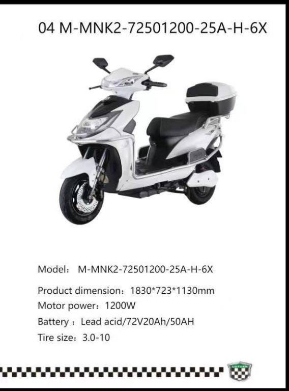 E-shop: Electric Motorcycle (Category: Motorbikes for Sale) located in Quezon City. Submitted by erica1239 (Listing ID 1126200734, Image 3). Description: Electric Motorcycle 1.Model no: M-MNK2-72501200-25A-H-6X Product dimension: 1830*723*1130mm Motor power: 1200W Battery : Lead acid/72V20Ah/50AH Tire size: 3.0-10 Colors: Black, Gray, Red, White Price: Php95,000.00 2.Model no: M-MNK3-72301500-16C-C-6X Product dimension: 1825*723*1089mm Motor powe