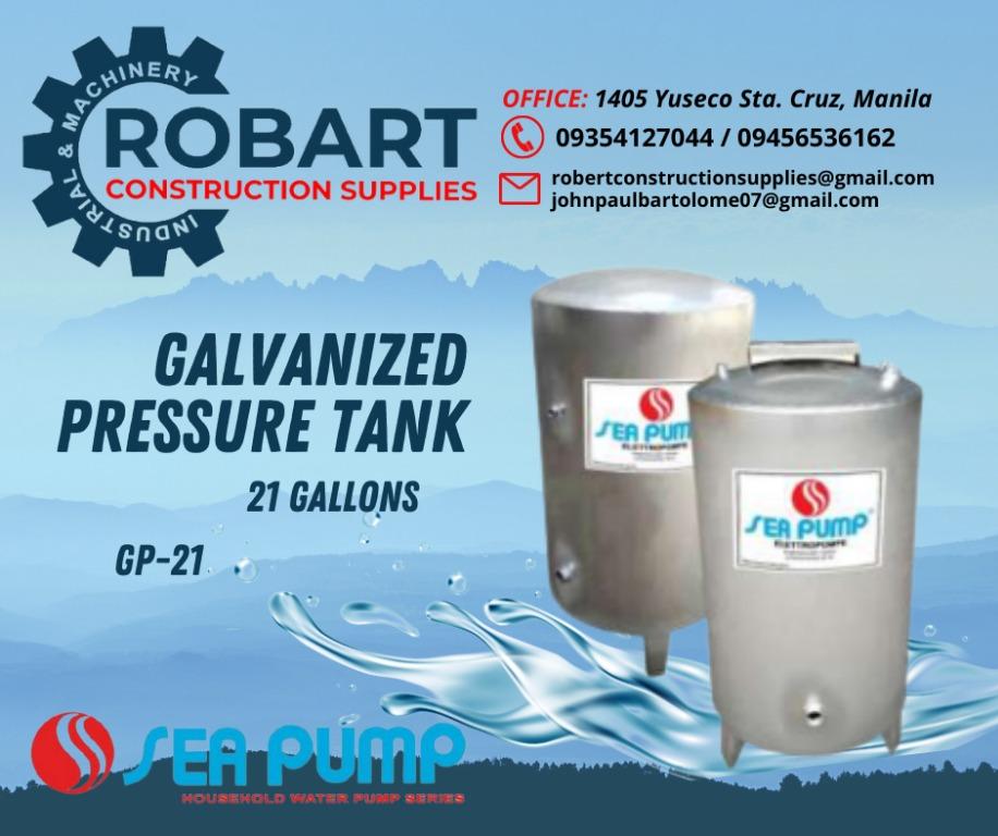 GALVANIZED PRESSURE TANK (Category: Construction Tools & Equipment) located in Manila. Submitted by bellarobart (Listing ID 1144932226, Image 2). Description: GALVANIZED PRESSURE TANK Brand: SEA PUMP Model: Price: 12gal. / GP-12 w/ base 2,400 21gal. / GP-21 w/ base 3,200 21gal. / GP-21 w/o base 2,900 42gal. / GP-42 5,200 82gal. / GP-82 7,600 120gal. / GP-120 17,000 -The price depends on the model. 𝑹𝑶𝑩𝑨𝑹𝑻 𝑪𝑶𝑵𝑺𝑻𝑹𝑼𝑪𝑻𝑰𝑶𝑵 𝑺𝑼𝑷𝑷𝑳�