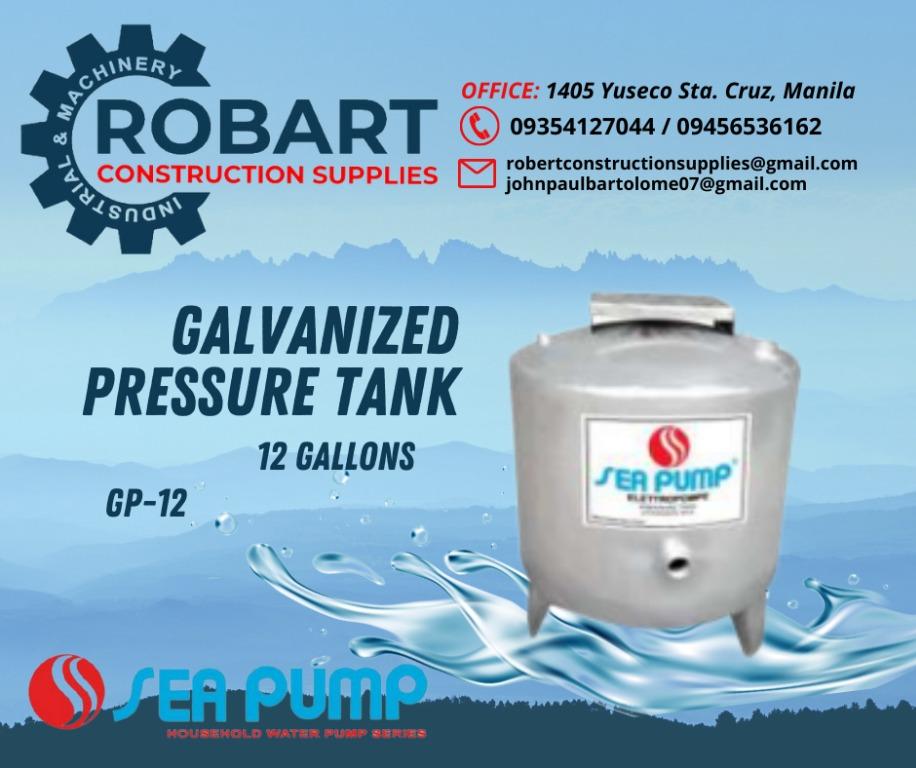 GALVANIZED PRESSURE TANK (Category: Construction Tools & Equipment) located in Manila. Submitted by bellarobart (Listing ID 1144932226, Image 1). Description: GALVANIZED PRESSURE TANK Brand: SEA PUMP Model: Price: 12gal. / GP-12 w/ base 2,400 21gal. / GP-21 w/ base 3,200 21gal. / GP-21 w/o base 2,900 42gal. / GP-42 5,200 82gal. / GP-82 7,600 120gal. / GP-120 17,000 -The price depends on the model. 𝑹𝑶𝑩𝑨𝑹𝑻 𝑪𝑶𝑵𝑺𝑻𝑹𝑼𝑪𝑻𝑰𝑶𝑵 𝑺𝑼𝑷𝑷𝑳�