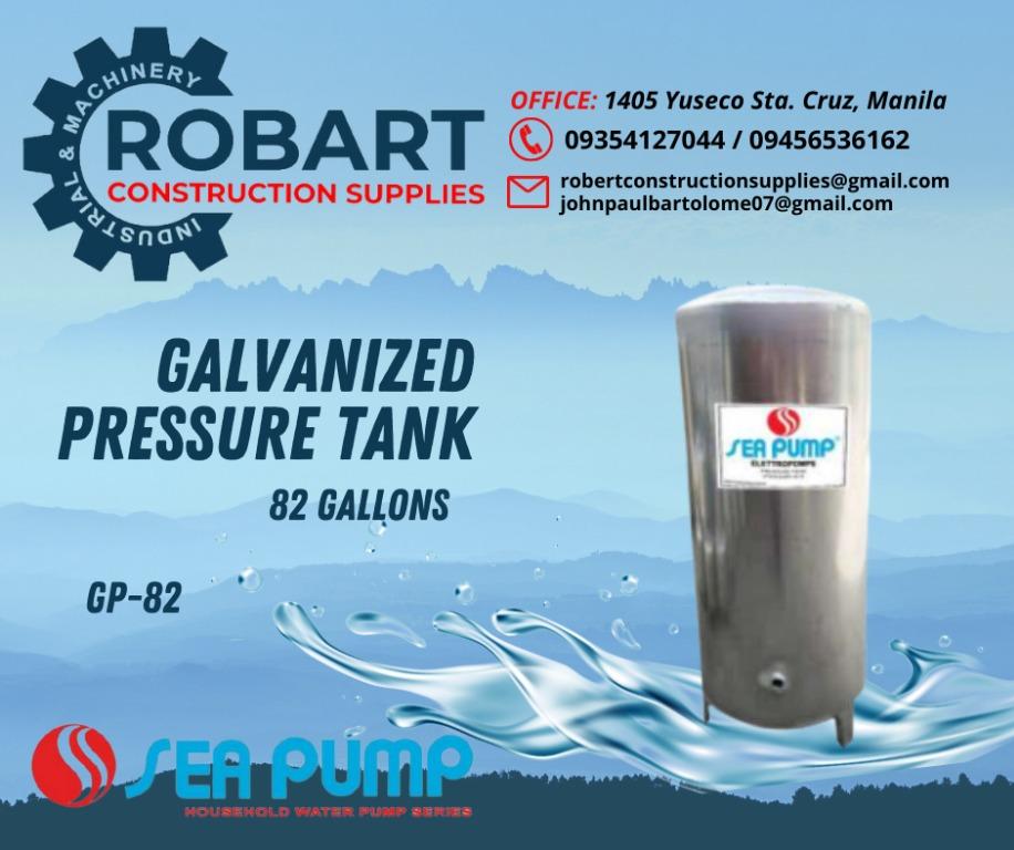 GALVANIZED PRESSURE TANK (Category: Construction Tools & Equipment) located in Manila. Submitted by bellarobart (Listing ID 1144932226, Image 3). Description: GALVANIZED PRESSURE TANK Brand: SEA PUMP Model: Price: 12gal. / GP-12 w/ base 2,400 21gal. / GP-21 w/ base 3,200 21gal. / GP-21 w/o base 2,900 42gal. / GP-42 5,200 82gal. / GP-82 7,600 120gal. / GP-120 17,000 -The price depends on the model. 𝑹𝑶𝑩𝑨𝑹𝑻 𝑪𝑶𝑵𝑺𝑻𝑹𝑼𝑪𝑻𝑰𝑶𝑵 𝑺𝑼𝑷𝑷𝑳�