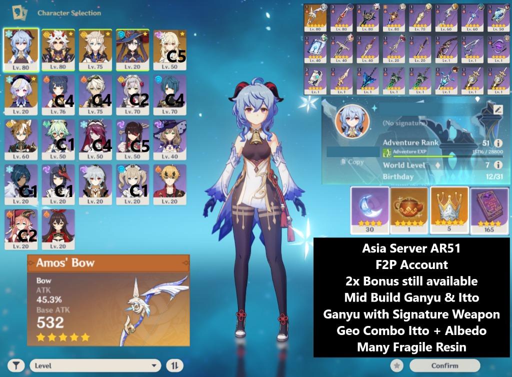 Genshin Impact Cheap Account AR51 Ganyu + Itto + Geo + Mona + ...