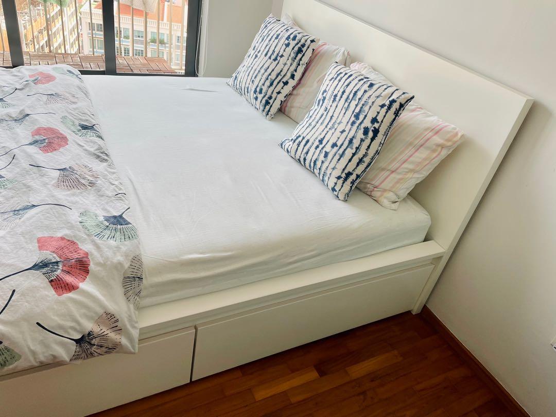 IKEA Malm Queen Bed Frame with 4 drawers (White), Furniture & Home