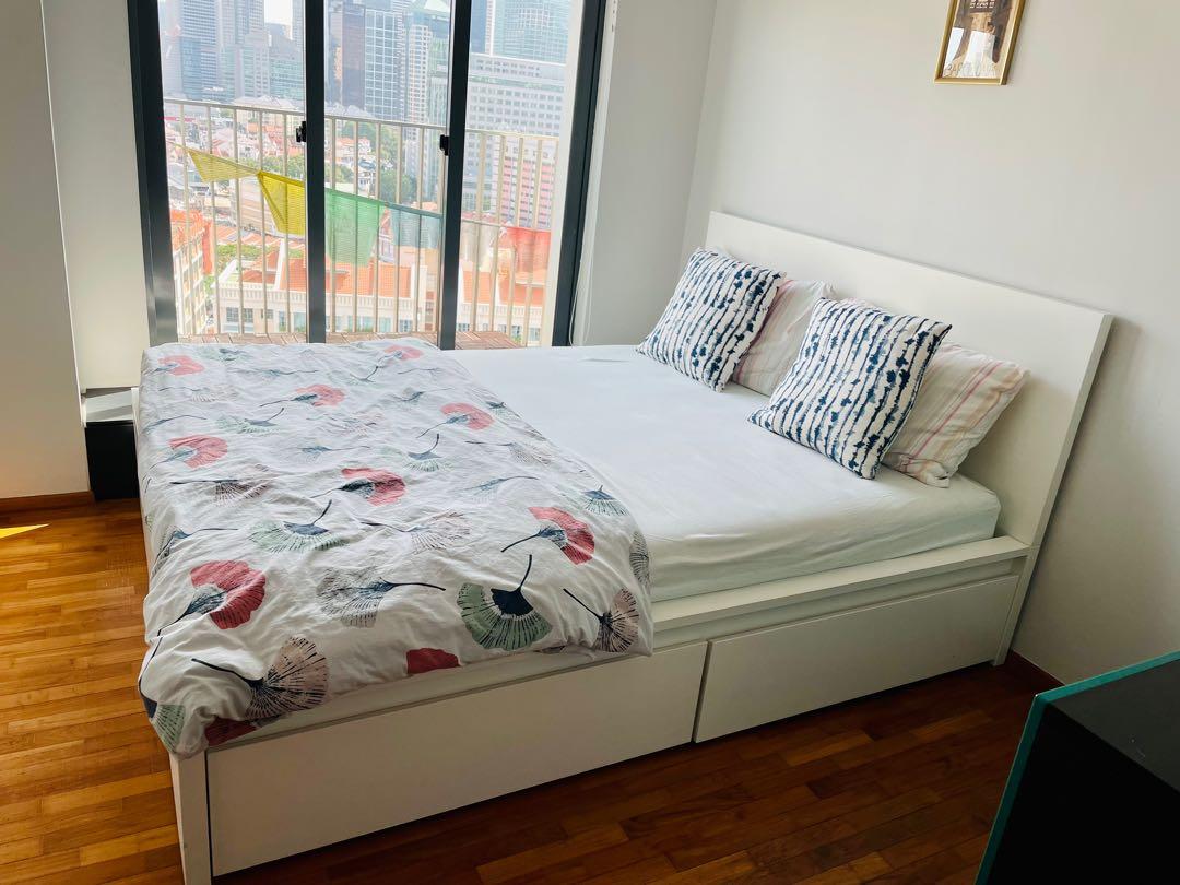 IKEA Malm Queen Bed Frame with 4 drawers (White), Furniture & Home